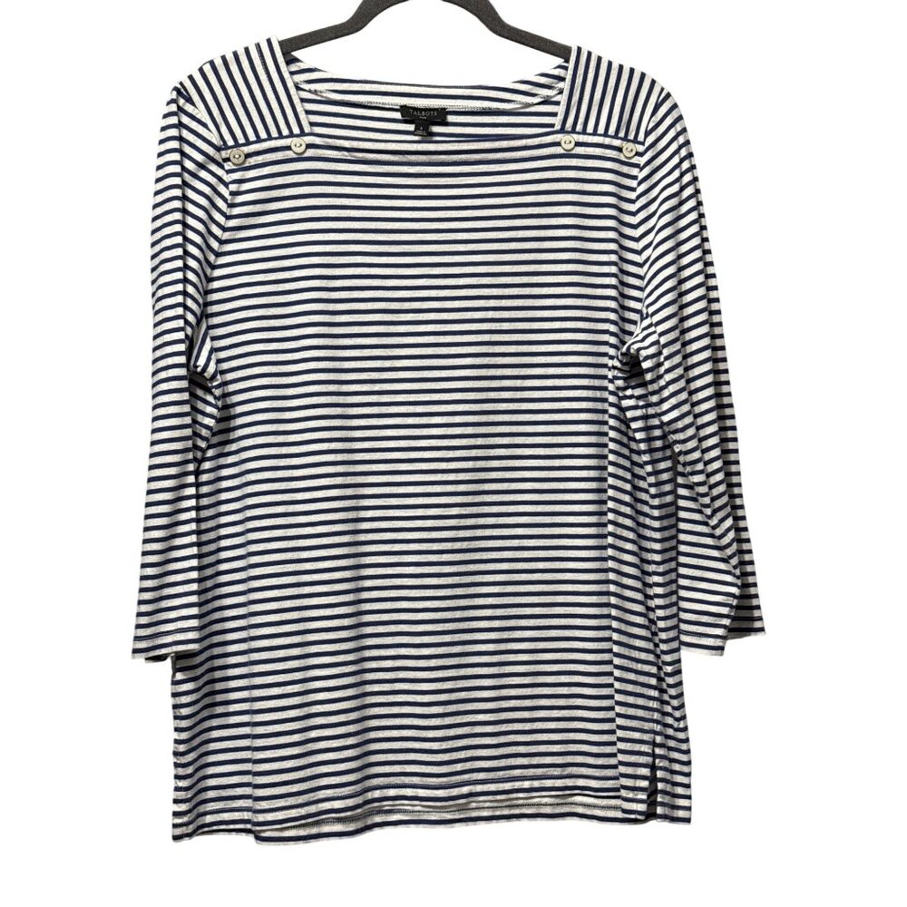 Talbots Plus Womens Nautical Striped Top Blue/White Button Detail Cotton X